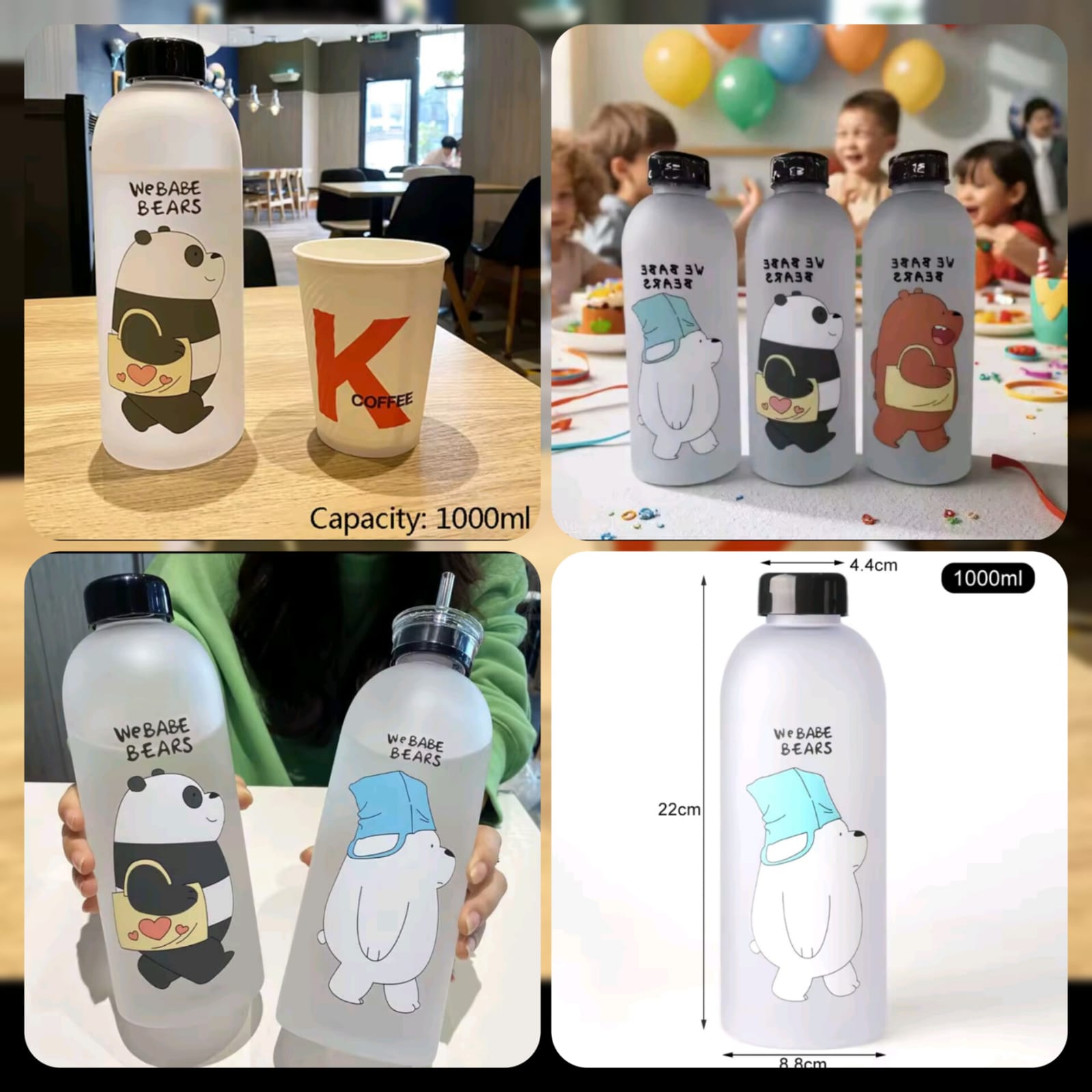 1000ml We Bare Bear Water Bottle (Double Cap)