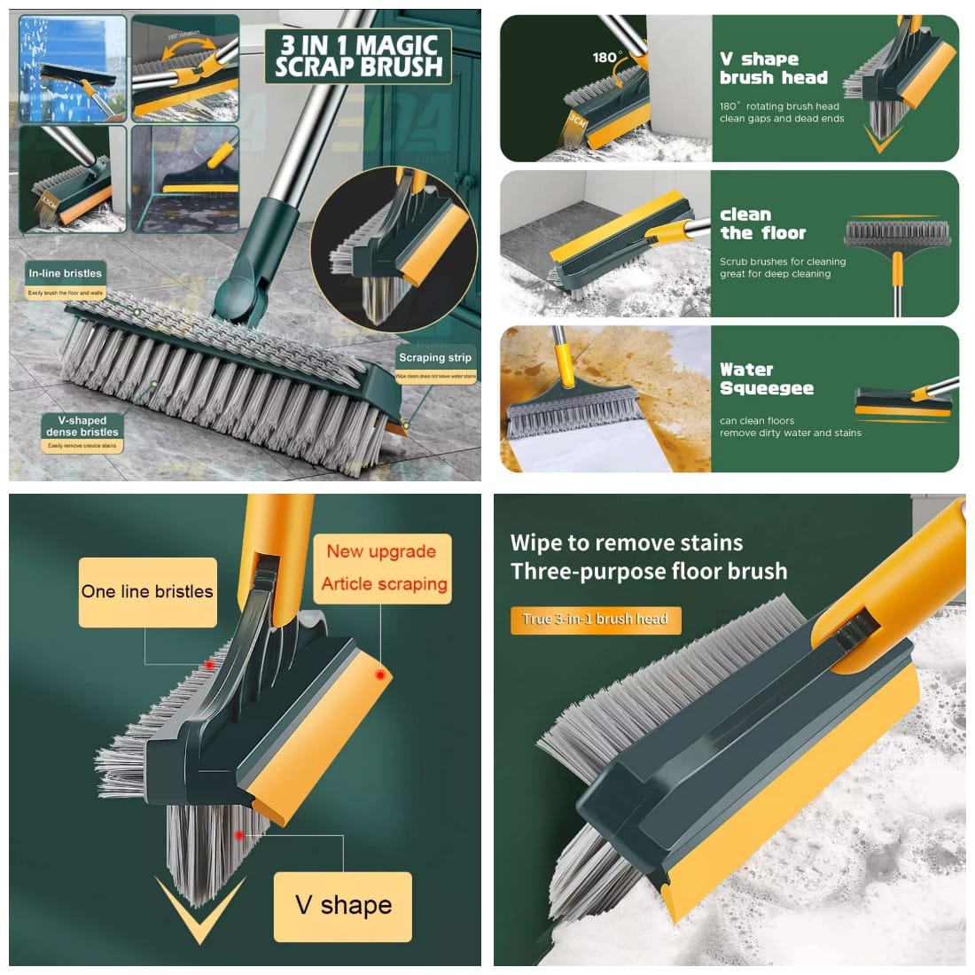 2-in-1 Floor Scrubber Brush & Rubber Wiper for Tiles & Bathrooms