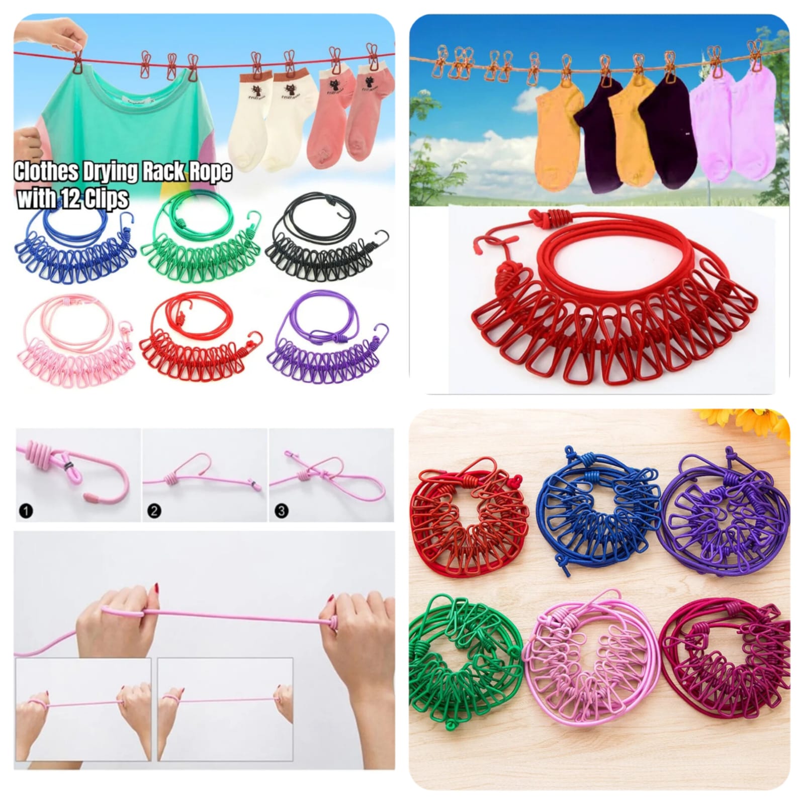 12 Clips Clothesline Rope Elastic Cloth Drying Hanging Rope