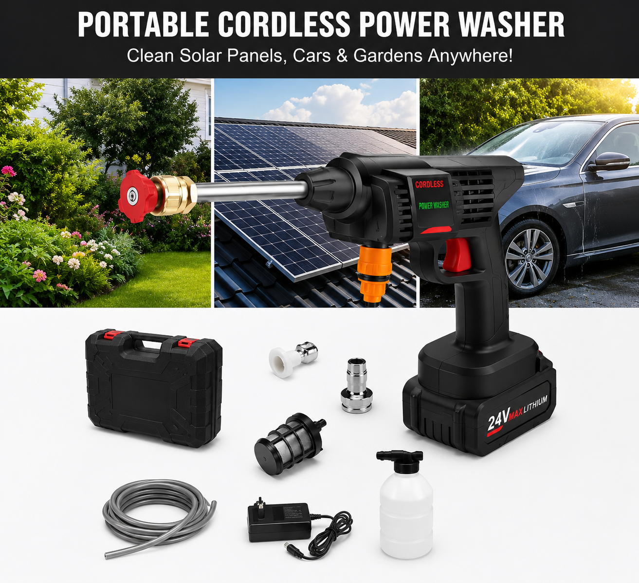 High Pressure Washer Gun | Cordless Car & Solar Home Cleaner